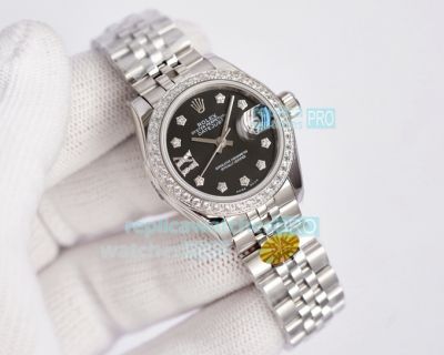 High Replica Rolex Datejust Black Face Stainless Steel strap Diamonds Bezel  28mm